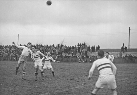 Upper Silesia football match - Zaolzian Silesia in Katowice. Teodor Peterek headed the ball ca. 1938