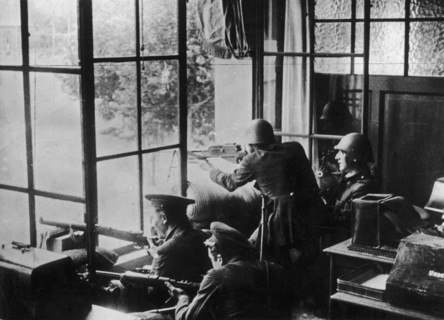 Spanish Civil War: Republican soldiers and Assault Guards during the July 1936 uprising in Barcelona, in the Telefónica building
