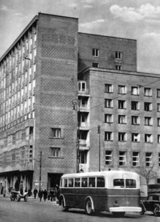 Warsaw Poland street scene with bus and traffic ca. 1950