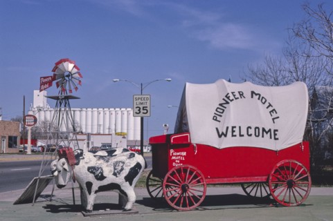 1980s United States -  Pioneer Motel sign, Route 30, Kearney, Nebraska 1980
