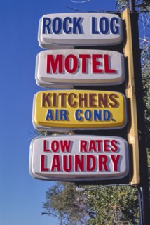 1980s United States -  Rock Lodge Motel sign, Merrill Avenue, Glendive, Montana 1987