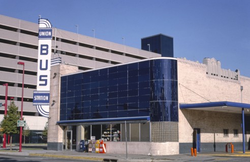 1990s America -  Union Bus Station sign, Walker and Sheridan Streets, Oklahoma City, Oklahoma 1993
