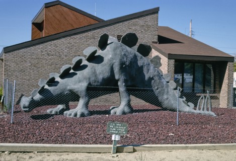 1990s United States -  Stegosaurus statue at town hall, Route 64, Dinosaur, Colorado 1991