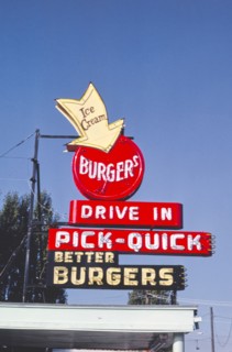 1980s United States -  Pick-Quick Burger sign, Fife, Washington 1987