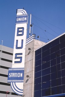1990s America -  Union Bus Station sign, Walker and Sheridan Streets, Oklahoma City, Oklahoma 1993