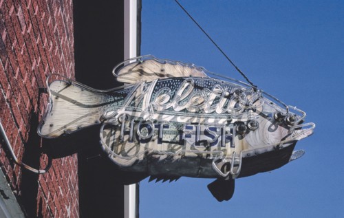 1980s United States -  Meletio's Hot Fish sign, Saint Louis, Missouri 1988
