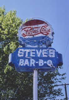 1980s United States -  Steve's Bar-B-Q sign, Spencer, North Carolina 1982