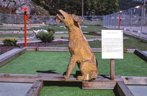 1980s America -  Golden West mini golf, coyote, straight on, Hill City, South Dakota 1987