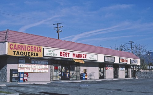 2000s America -  Strip mall in poor neighborhood (Carniceria Taqueria), San Bernardino, California 2003