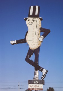 1980s United States -  Mr Peanut sign, Hair Affair sign, Route 6, Swansea, Massachusetts 1984