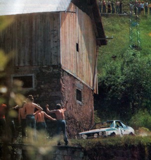 Italian rally driver Mauro Pregliasco and his co-driver Piero Sodano on a Lancia Beta Coupé sponsored Alitalia at the 1975 Rallye Eastern Alps ca. June 1975