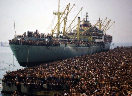 The ship Vlora docked to a quay in the port of Bari, full of Albanian immigrants 8 August 1991