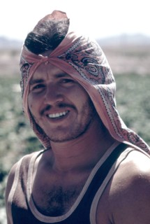 Mexican farm worker in the Imperial Valley. He carries a green card which permits him to work on U.S. farms, May 1972