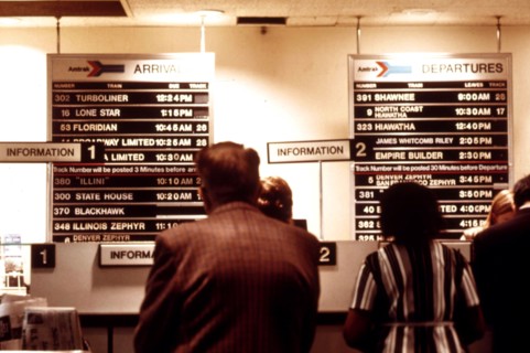 Amtrak information and ticket counter in Chicago's Union Station, one of the busiest in the corporation's system, June 1974
