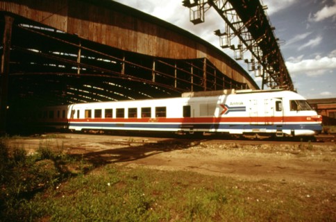 Amtrak turboliner passenger train in the yards at St. Louis Missouri, June 1974