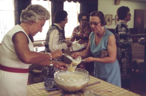 Refreshment time at the monthly meeting of the Seward chapter of the PEO Sisterhood. Meeting is held in the Seward Civic Center, May 1973 Lincoln, NE