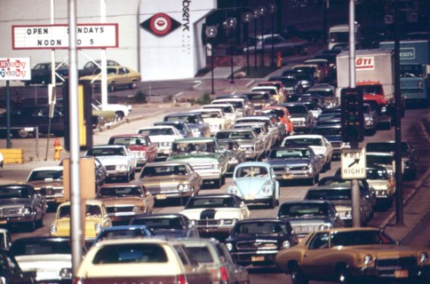 Traffic jam on Dodge Street, one of the city's main thoroughfares, May 1973 Omaha, NE