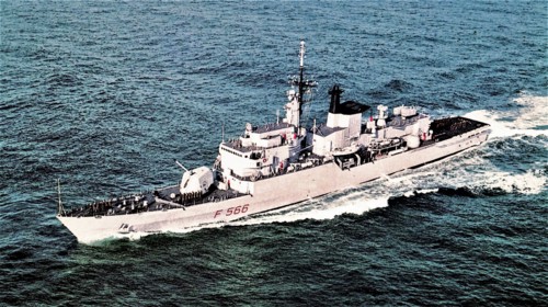 The frigate Perseo (F 566) in navigation at sea (underway) ca. 1980s