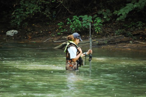 USGS employee conducts measurement at USGS gage 03198500 in Big Coal River at Ashford WV ca. 2010