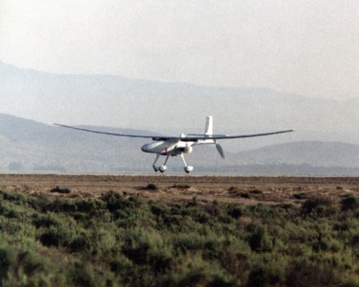 Perseus B Heads for Landing on Edwards AFB Runway - The Perseus B remotely piloted aircraft nears touchdown at Edwards Air Force Base, Calif. at the conclusion of a development flight at NASA's Dryden...