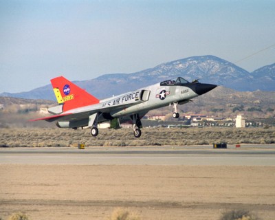 Eclipse project closeup of QF-106 under tow on takeoff on first flight December 20, 1997
