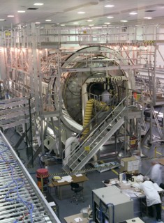 U.S. Laboratory Module (also called Destiny) for the International Space Station (ISS) is shown under construction in the West High Bay of the Space Station manufacturing facility (building 4708) at t...