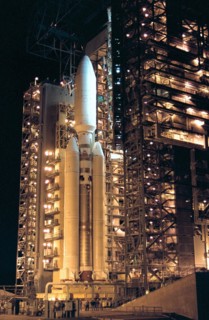 At Launch Complex 40 on Cape Canaveral Air Station, the Mobile Service Tower is rolled away from the Titan IVB/Centaur carrying the Cassini spacecraft ca. 1997