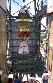 The second stage of the Delta II rocket which will to be used to launch the Advanced Composition Explorer (ACE) spacecraft is erected at Launch Complex 17A at Cape Canaveral  ca. 1997