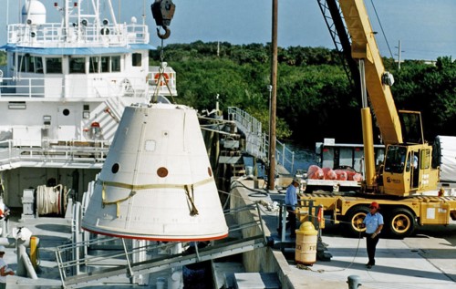The frustum of a forward skirt assembly of a spent solid rocket booster (SRB) from the STS-87 launch on Nov. 19 is transported into the Hangar AF area at Cape Canaveral Air Station ca. 1997