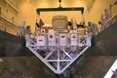 The CRISTA-SPAS payload, manifested on Space Shuttle Mission STS-85, is placed in the transport canister ca. 1997