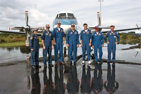 Members of the STS-86 crew pose for a last photograph at the Skid Strip on Cape Canaveral Air Station before flying back to their home base ca. 1997