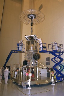 The propulsion system is mated to the Lower Equipment Module of the Cassini spacecraft in the Payload Hazardous Servicing Facility (PHSF) ca. 1997