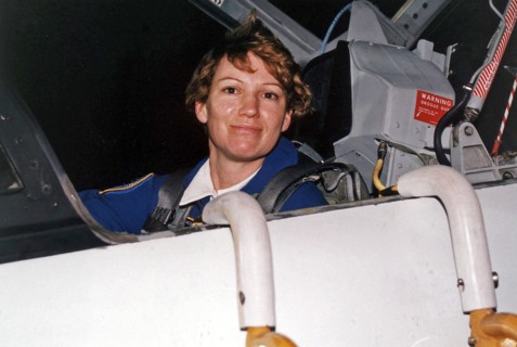 STS-84 Pilot Eileen Marie Collins arrives in a T-38 jet at KSC’s Shuttle Landing Facility ca. 1997