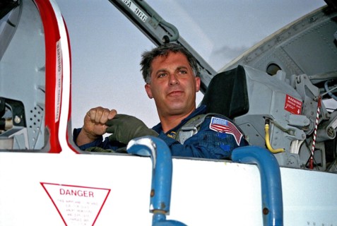 STS-86 Mission Specialist David Wolf arrives in a T-38 jet at KSC’s Shuttle Landing Facility for the Terminal Countdown Demonstration Test (TCDT) ca. 1997
