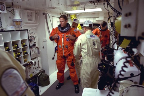STS-94 Mission Specialist Michael L. Gernhardt prepares to enter the Space Shuttle Columbia at Launch Pad 39A in preparation for launch ca. 1997