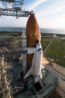 The Space Shuttle Atlantis is poised for liftoff on the STS-86 mission from Launch Pad 39A ca. 1997