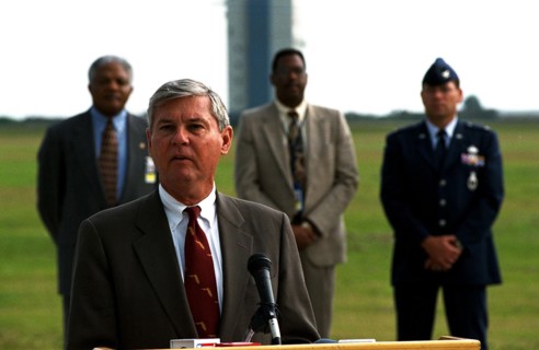 United States Senator Bob Graham of Florida announces important new federal legislation designed to support the nation's continued space industry development ca. 1997