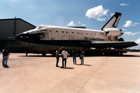 Space Shuttle Columbia rolls over from Orbiter Processing Facility bay 1 to the Vehicle Assembly Building to be mated to its external tank/solid rocket booster stack ca. 1997