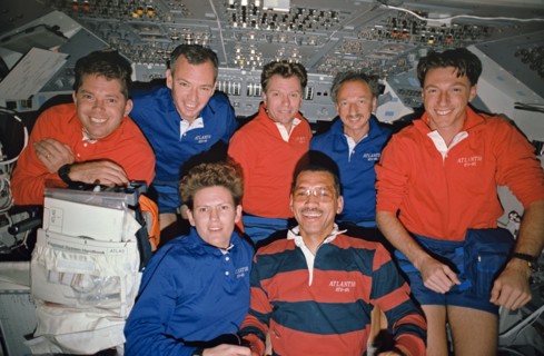 STS-45 crew poses for onboard (in-space) portrait on OV-104's flight deck