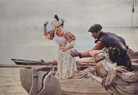 Two women and one man in a fishing boat while fishing
