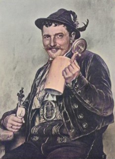 Bavarian man wearing traditional dress and holding a beer mug and a pipe