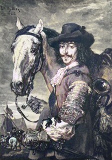 Trompeter aus der Zeit des dreißigjährigen Krieges mit seinem Pferd