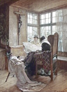 In einer Ecke im Wohnzimmer sitzt die Großmutter zusammen mit Ihrer Enkelin
