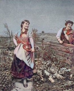 Junge Frau steht im Kräutergarten und der Nachbar möchte mit ihr flirten