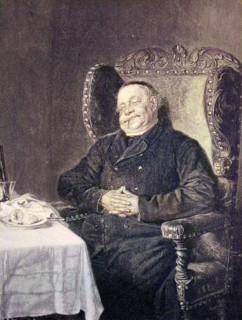 Wohl beleibter Pfarrer sitzt nach dem Essen zufrieden und mit einer Zigarre im Sessel