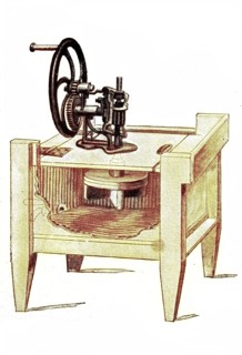 Washing machine with ascending and descending stamp and grooved inner walls
