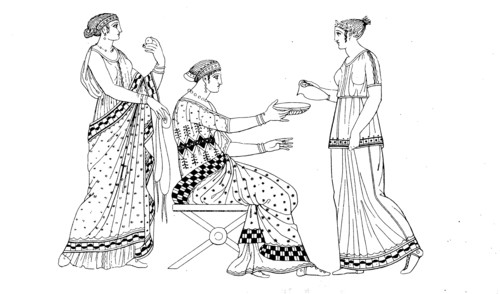 ancient greece. Lady in colorful clothes with Chiton and Himation