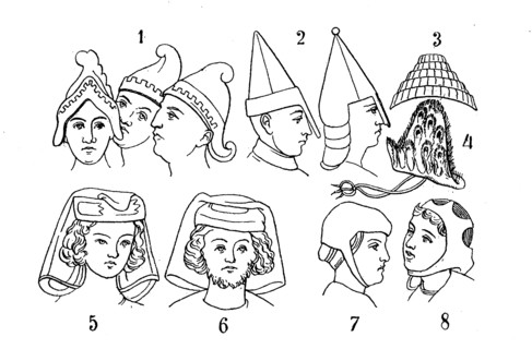 Male headpieces from the 9th - 13th Century. 1 Freemasonry helmets of the Carolingian period