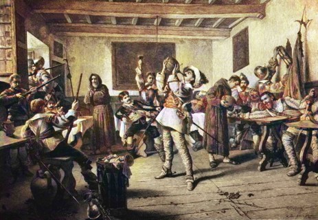 Landsknechte vor der Schlacht im Wirtshaus