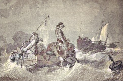 people from the german island Helgoland collecting goods from the sea